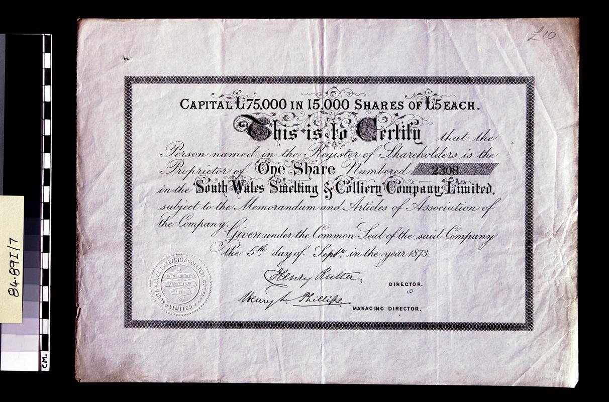 South Wales Smelting & Colliery Co. Ltd share cert