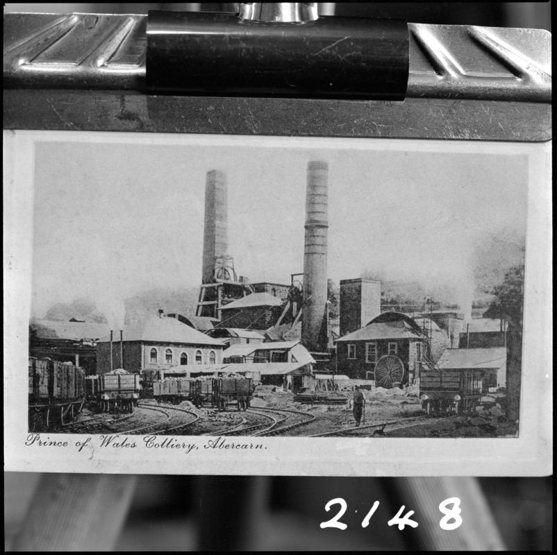 Black and white film negative of a photograph showing a general surface view of Prince of Wales Colliery, Abercarn.  'Prince of Wales Abercarn' is transcribed from original negative bag.