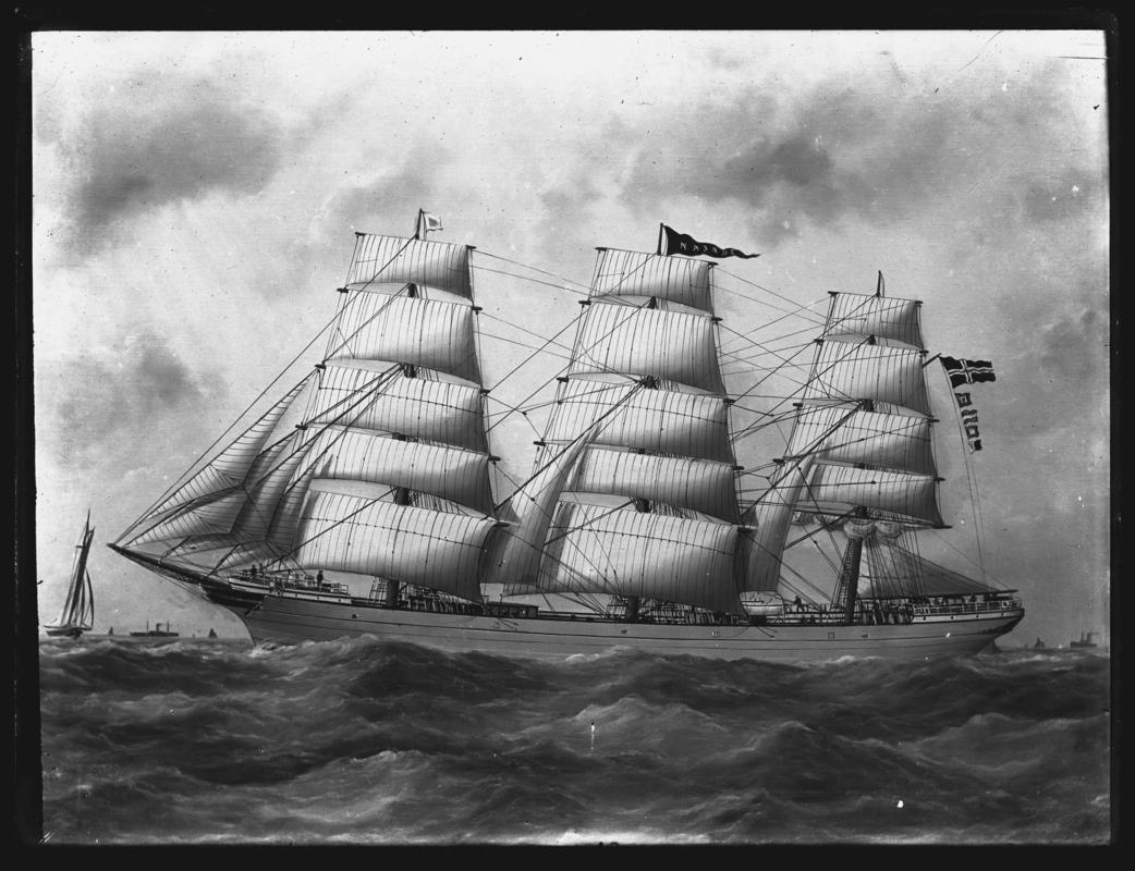 Photograph of a painting showing a port broadside view of the three-masted ship NAJADE.