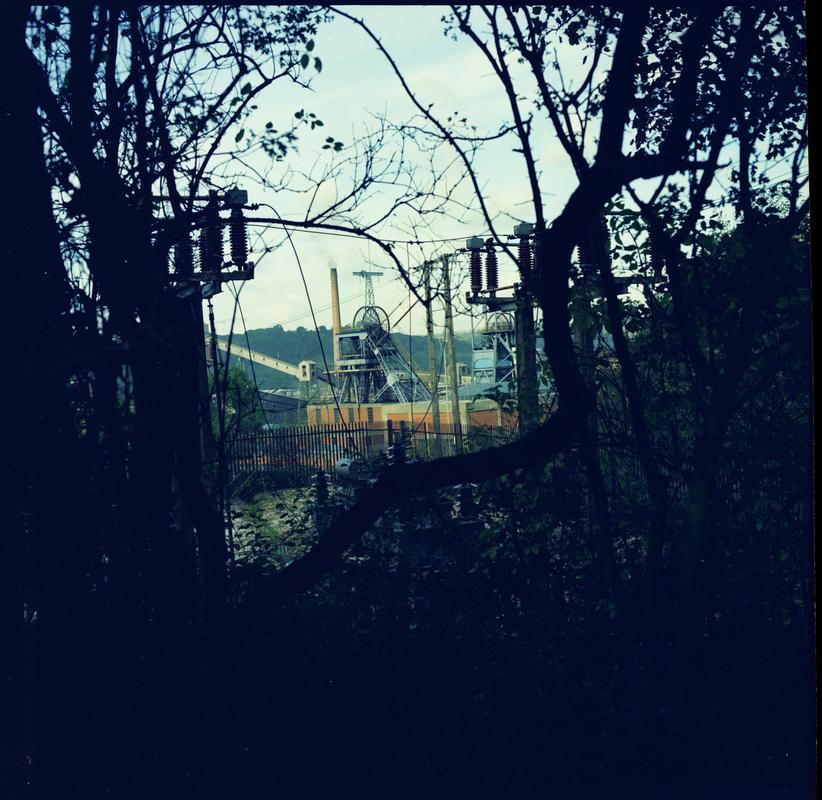 Colour film negative showing a view towards the upcast and downcast shafts, Nantgarw Colliery.  'Nantgarw' is transcribed from original negative bag.