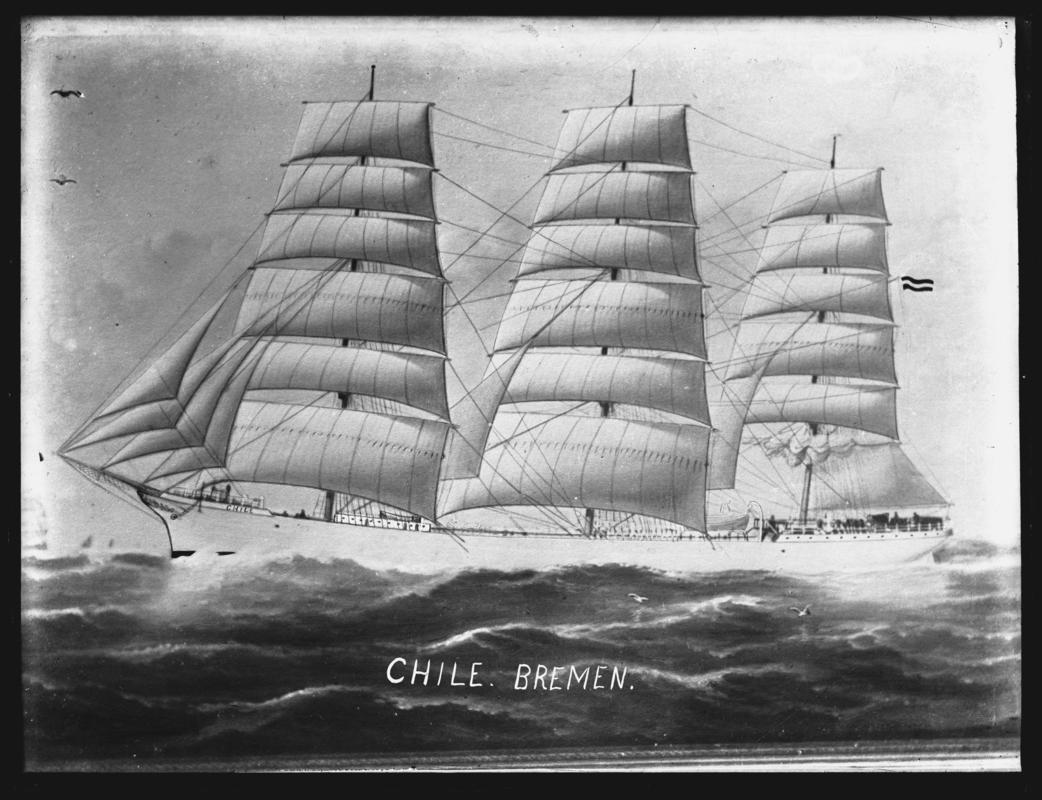 Photograph of a painting showing a port broadside view of the three-masted ship CHILE of Bremen