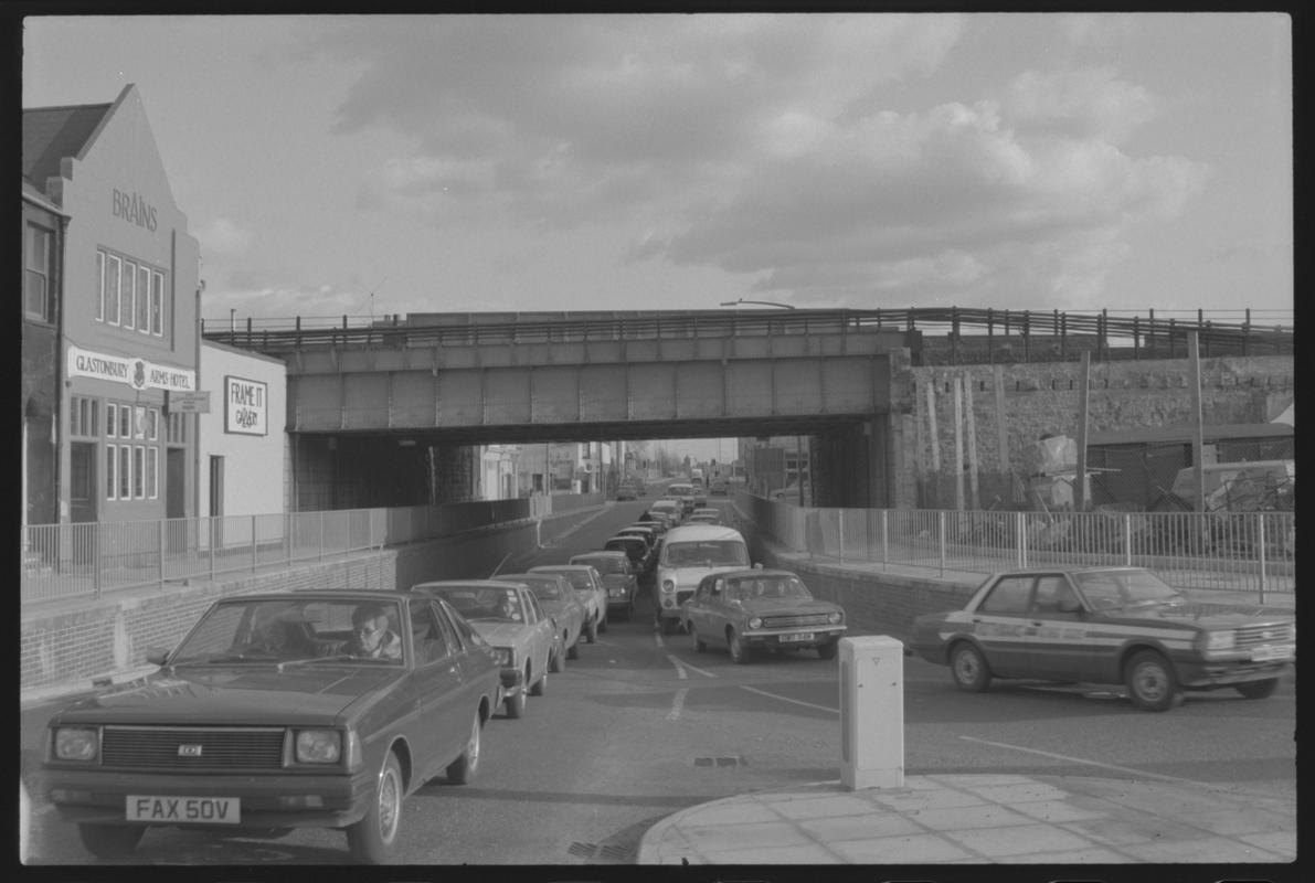 Main line railway bridge crossing top of Bute Street.