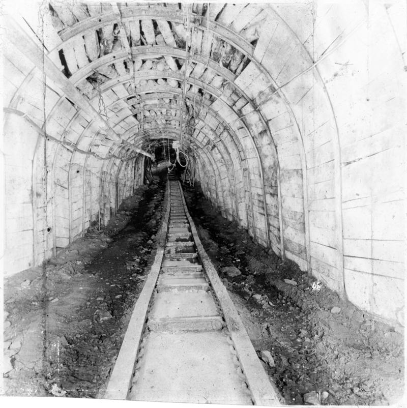 An underground view illustrating the installation of skip winding at Marine Colliery.