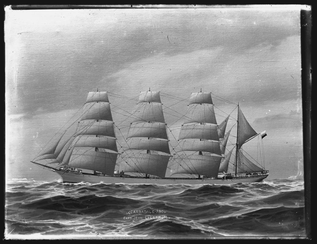 Photograph of painting showing a port broadside view of the four-masted barque CARRADALE.  Title of painting - 'CARRADALE. ABO / CAPT. JOHN LAGSTROM'.