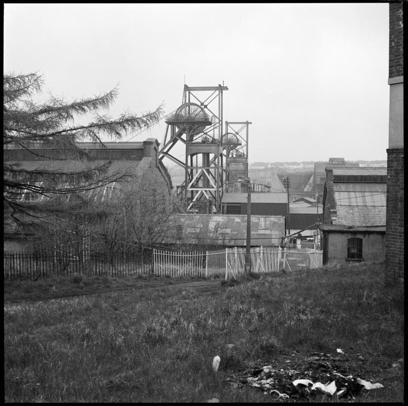 Black and white film negative showing the upcast and downcast shafts, Penallta Colliery.