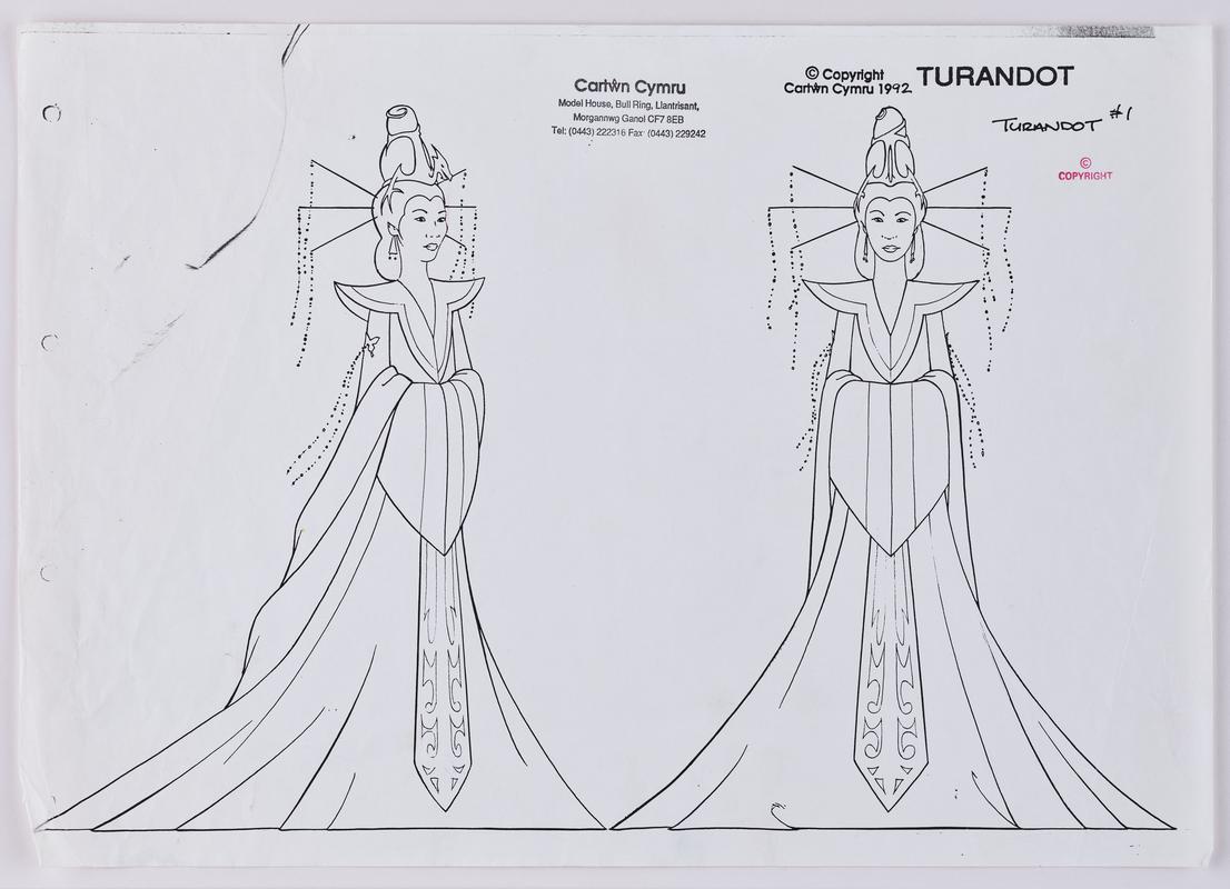 Photocopy of an animation production sketch of the character Turandot. Stamped with production company name.