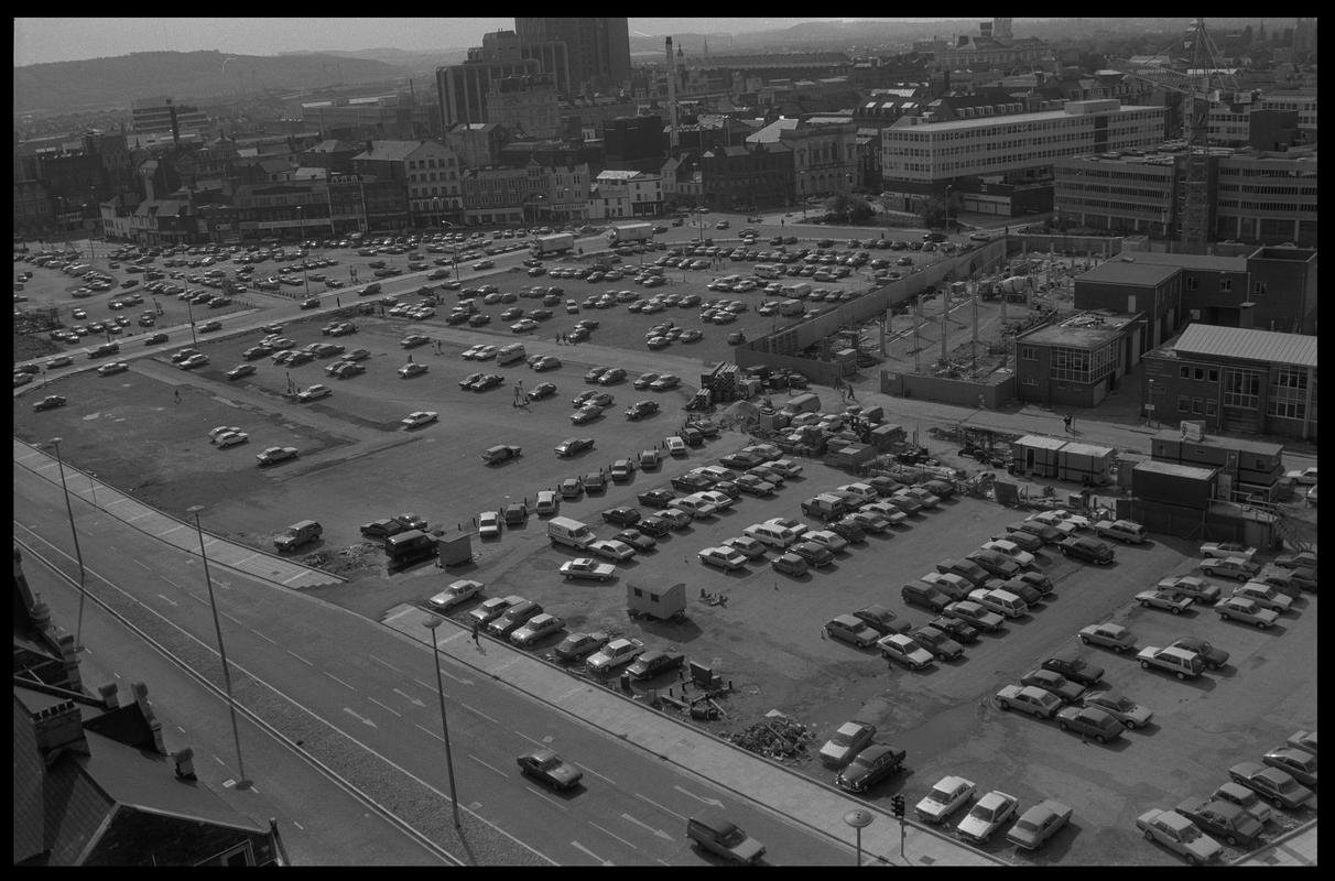 View of Butetown, with car parks to north of Bute Terrace and St David's Centre in background.