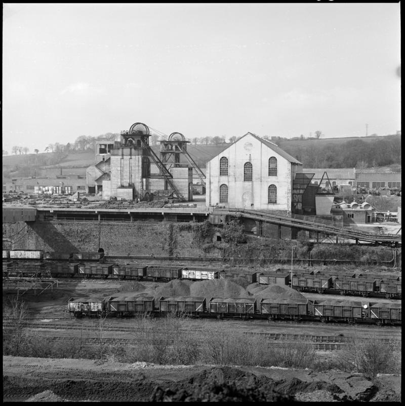 Black and white film negative showing a surface view of Cwm Colliery, 1978. 'Cwm' is transcribed from original negative bag.