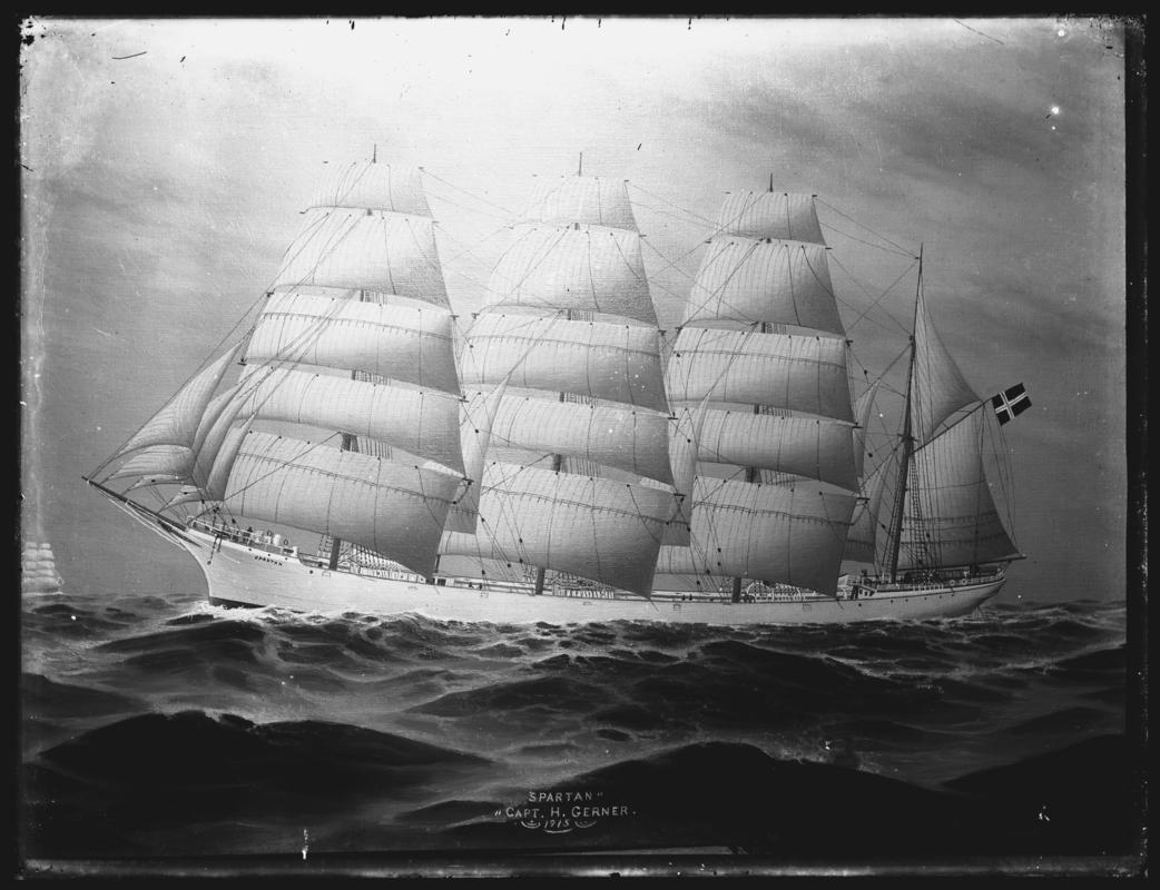 Photograph of a painting showing a port broadside view of the four-masted barque SPARTAN.  Title of painting - 'SPARTAN / CAPT. H. GERNER. / 1915'.