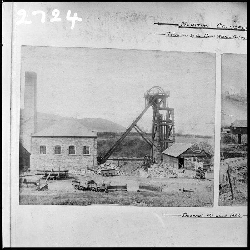 Black and white film negative of a photograph showing the downcast pit, Maritime Colliery c.1890.  'Maritime Downcast c1890' is transcribed from original negative bag.