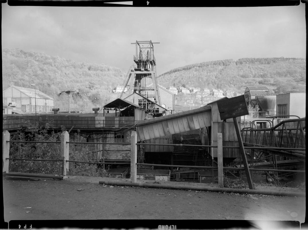 Black and white film negative showing the headframe which was built by E. Finch and Co. of Chepstow in the style of the old wooden headframes.  'South Celynen' is transcribed from original negative bag.