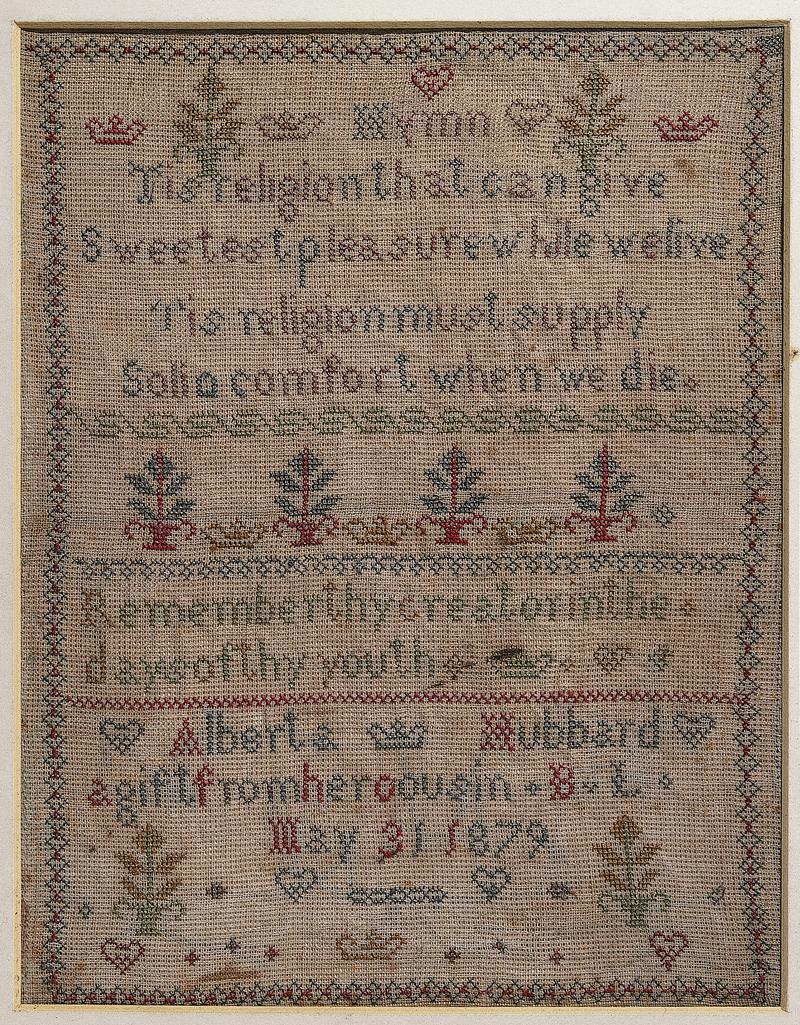 Sampler (Biblical, verse & motifs), made in England, 1879