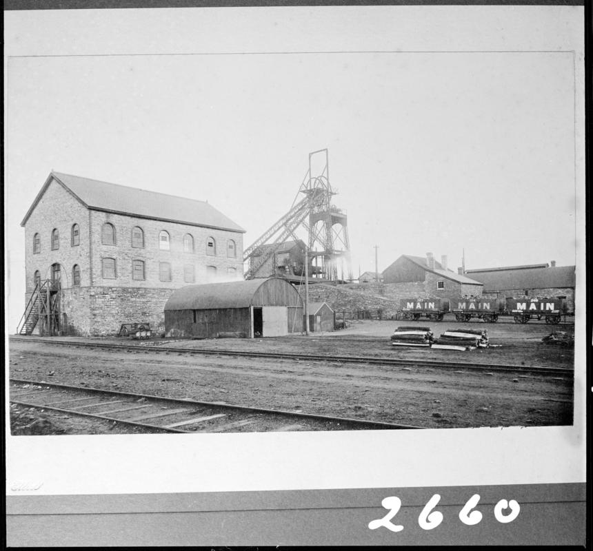 Black and white film negative of a photograph showing a surface view of Main Colliery, Skewen.  'Main Colliery' is transcribed from original negative bag.