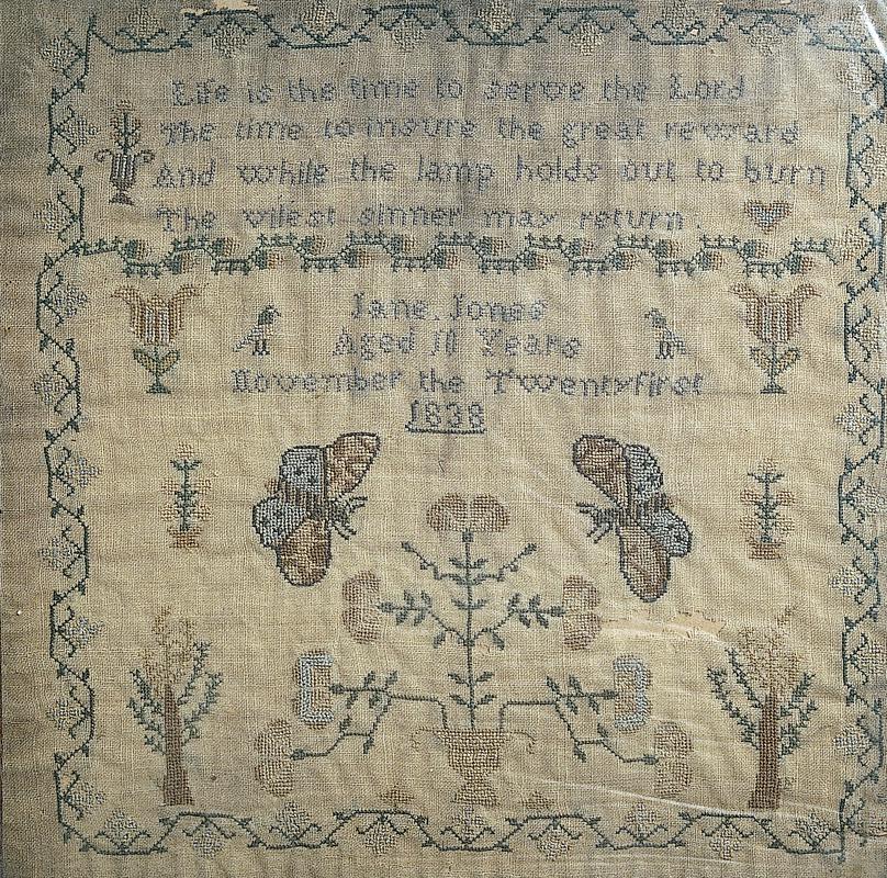 Sampler (motifs & verse), made in Wales, 1838