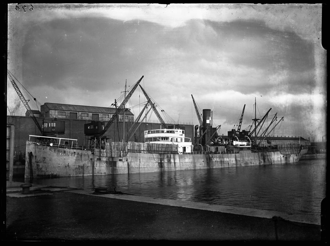 Port broadside view of S.S. FISHPOOL at Cardiff Docks, c.1936