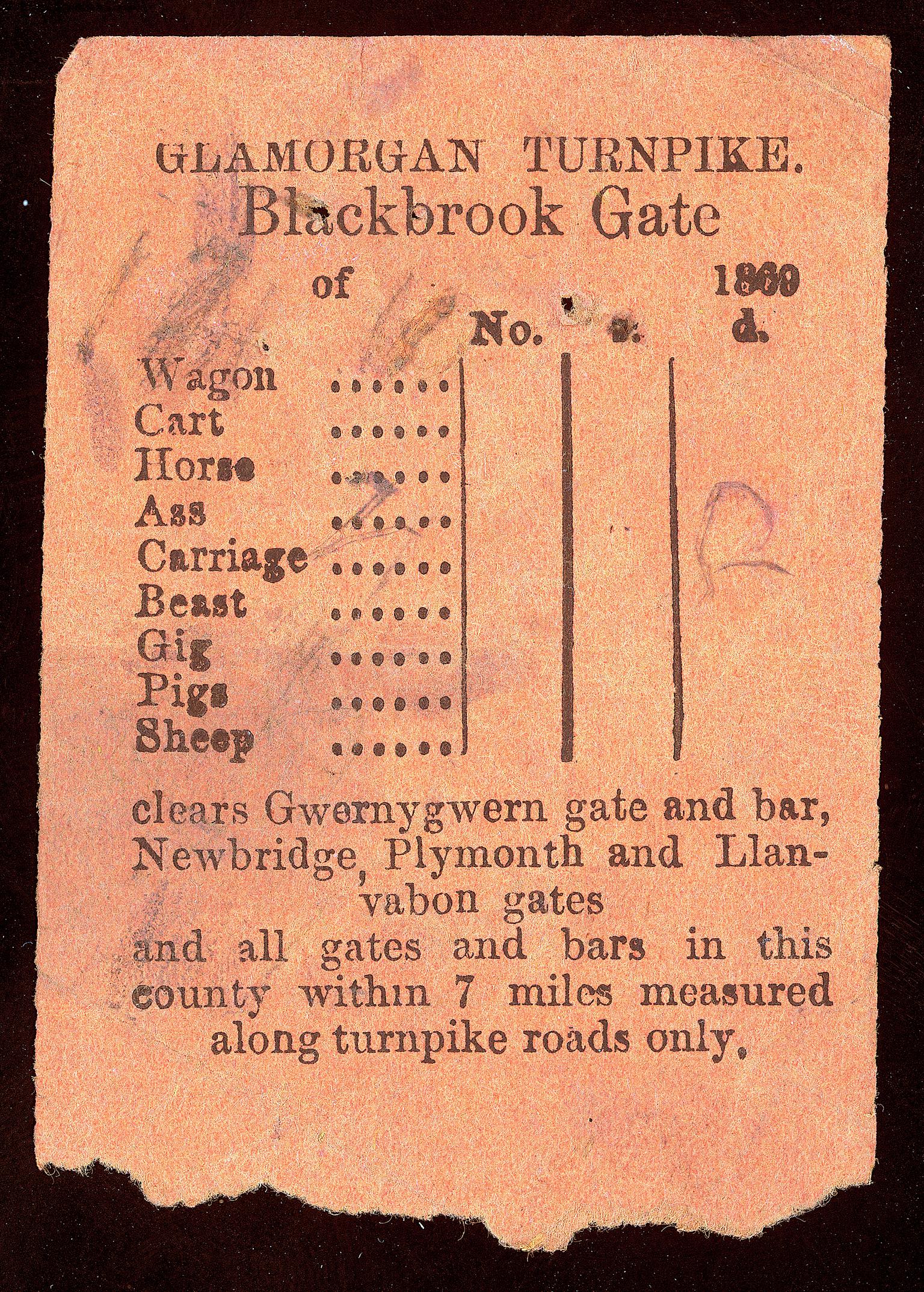 Glamorgan Turnpike, Blackbrook Gate, ticket
