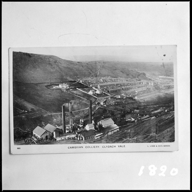 Black and white film negative of a photograph showing a surface view of Cambrian Colliery, Clydach Vale.  'Cambrian Colliery' is transcribed from original negative bag.