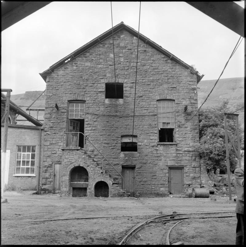 Black and white film negative showing Fernhill Colliery engine house for the Leigh winding engine, 1976. 'Fernhill 1976' is transcribed from original negative bag.