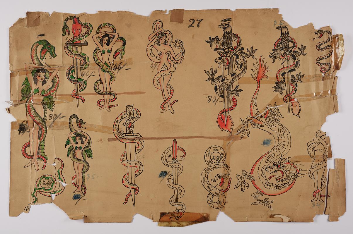 Tattoo flash: drawings of semi nude women, snakes, daggers and dragons.