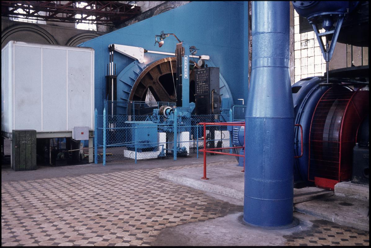 Colour film slide showing the compressors and electric winder for the downcast shaft, Penallta Colliery, April 1981.