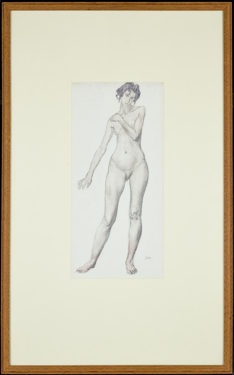 Standing female nude, left arm raised to right shoulder