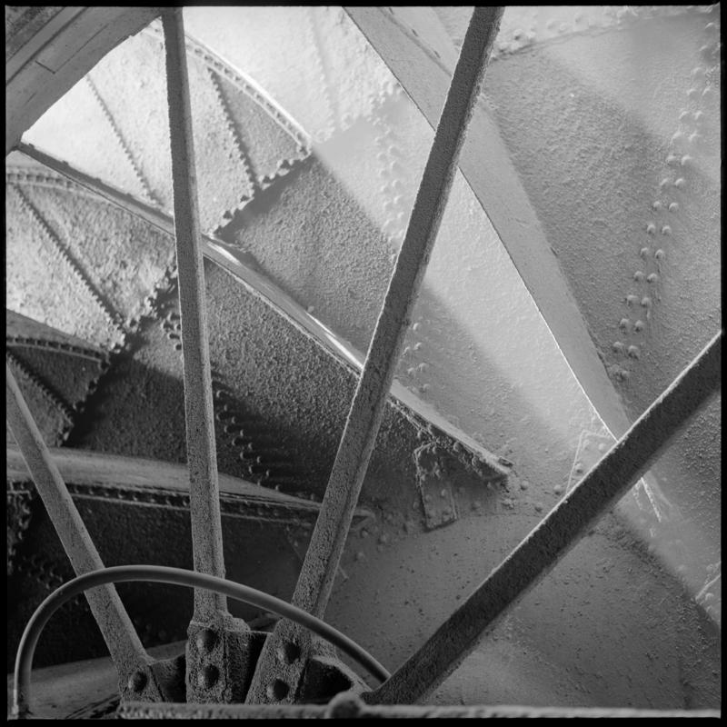 Black and white film negative showing a part of the waddle fan, Nixon's Navigation Colliery.  'Waddle fan interior' is transcribed from original negative bag.