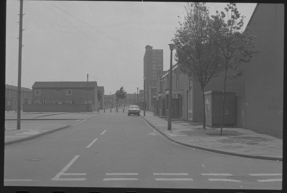 Residential Road near Loudoun Square, Butetown. Loudoun Square Flats in background.