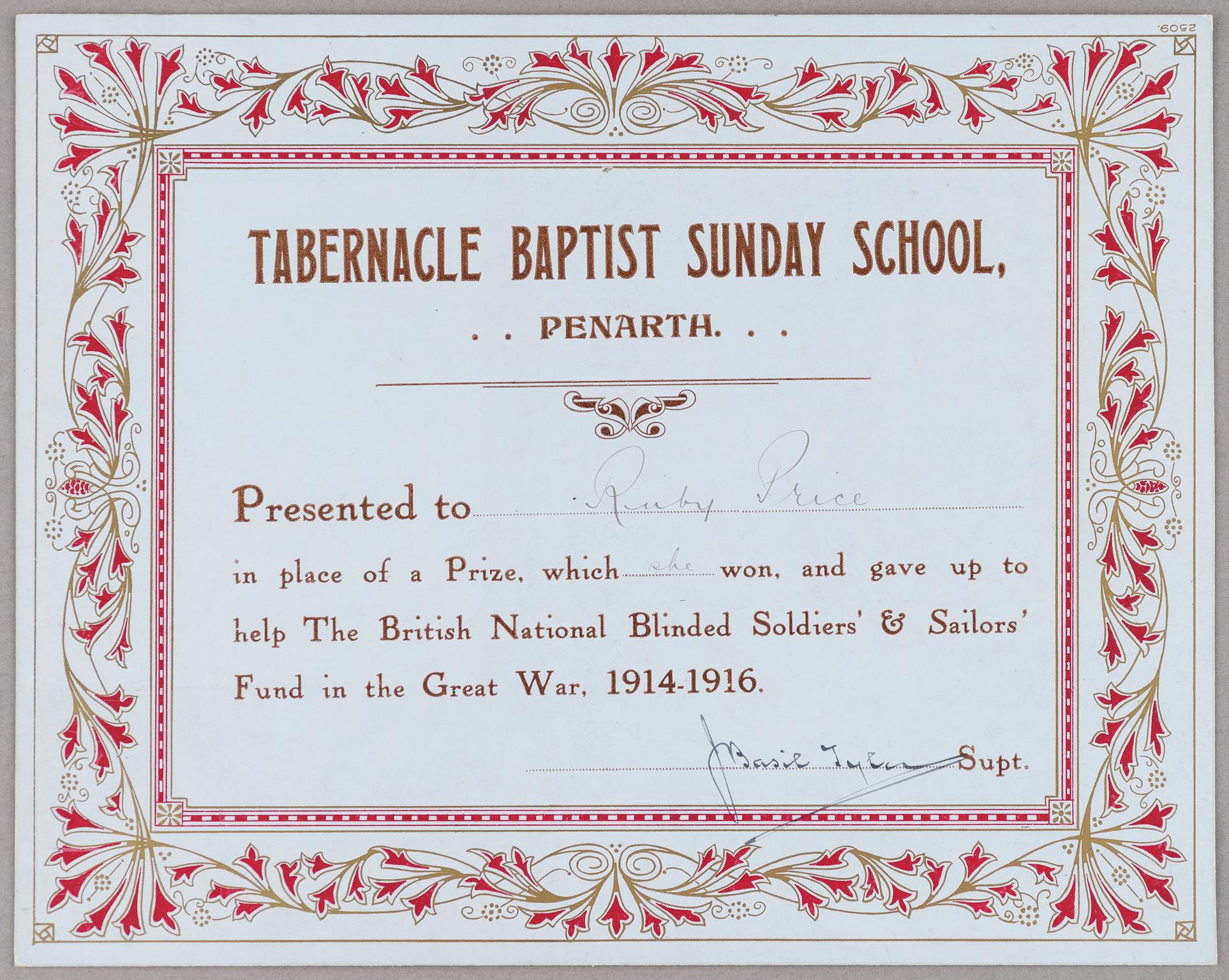 Certificate, Sunday School