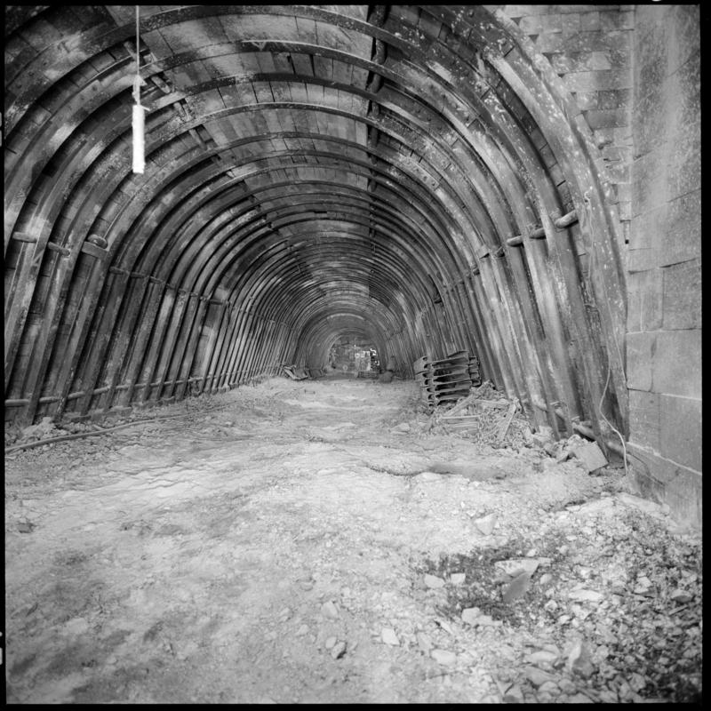 Black and white film negative showing an underground roadway, Merthyr Vale Colliery 2 July 1981.  '2 Jul 1981' is transcribed from original negative bag.