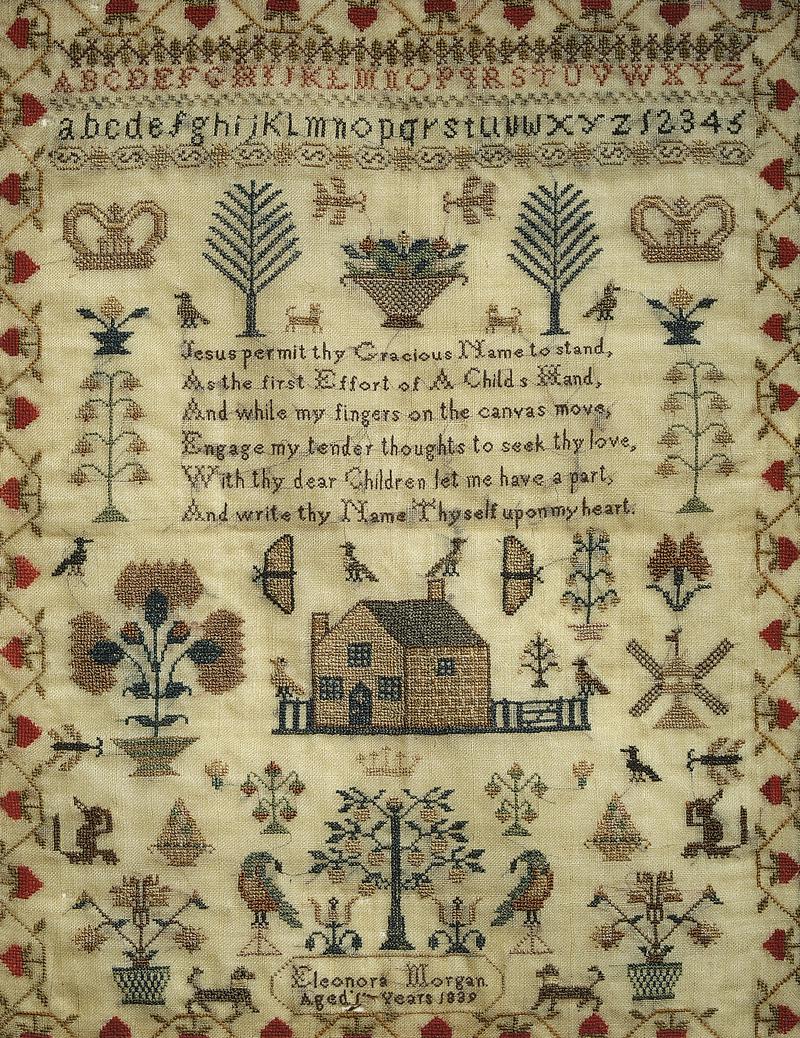 Sampler (motifs, verse, alphabet & school), made in Brecon, 1839