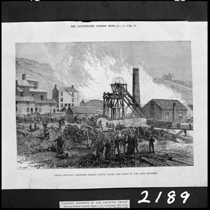 Black and white film negative showing the scene after the Dinas Colliery explosion, 1879, a sketched illustration from a publication.  'Dinas Colliery' is transcribed from original negative bag.