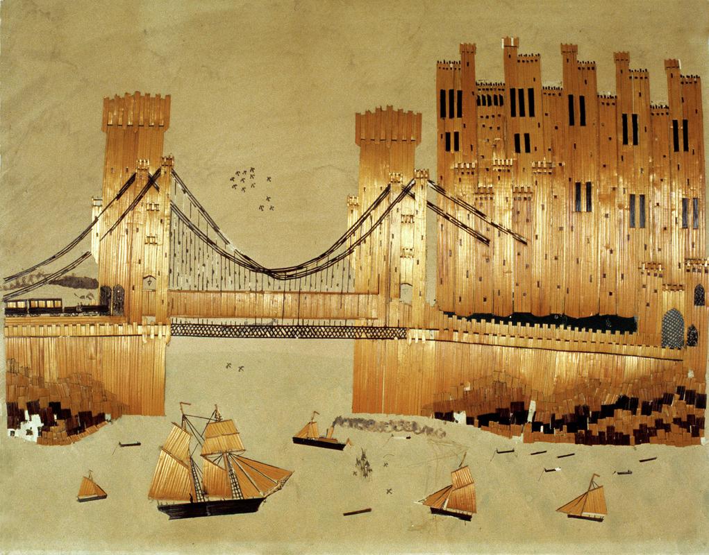 Straw Picture showing Conwy Castle and Suspension Bridge, 19th century