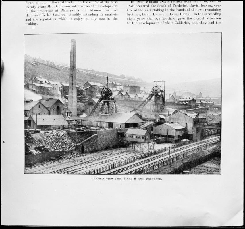 Black and white film negative showing a general view of  nos.8 and 9 pits, Ferndale Colliery, photographed from a publication.  'Ferndale Pits 8 - 9' is transcribed from original negative bag.
