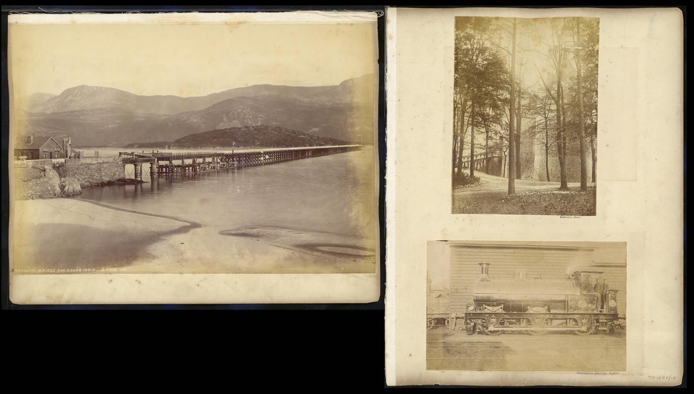 Two photographs mounted onto : 'Castell Coch' and 'T.V.R. Converted Bristol Class locomotive' and Barmouth Bridge and Cader Idris (front and Back)