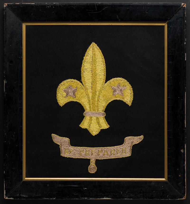 Framed embroidered Boy Scouts Association badge. Supposedly made by a wounded hospitalised soldier.