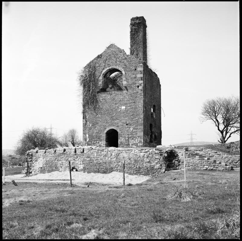 Black and white film negative showing the remains of the engine house, Scott's Pit, Llansamlet. 'Scotts Pit' is transcribed from original negative bag.