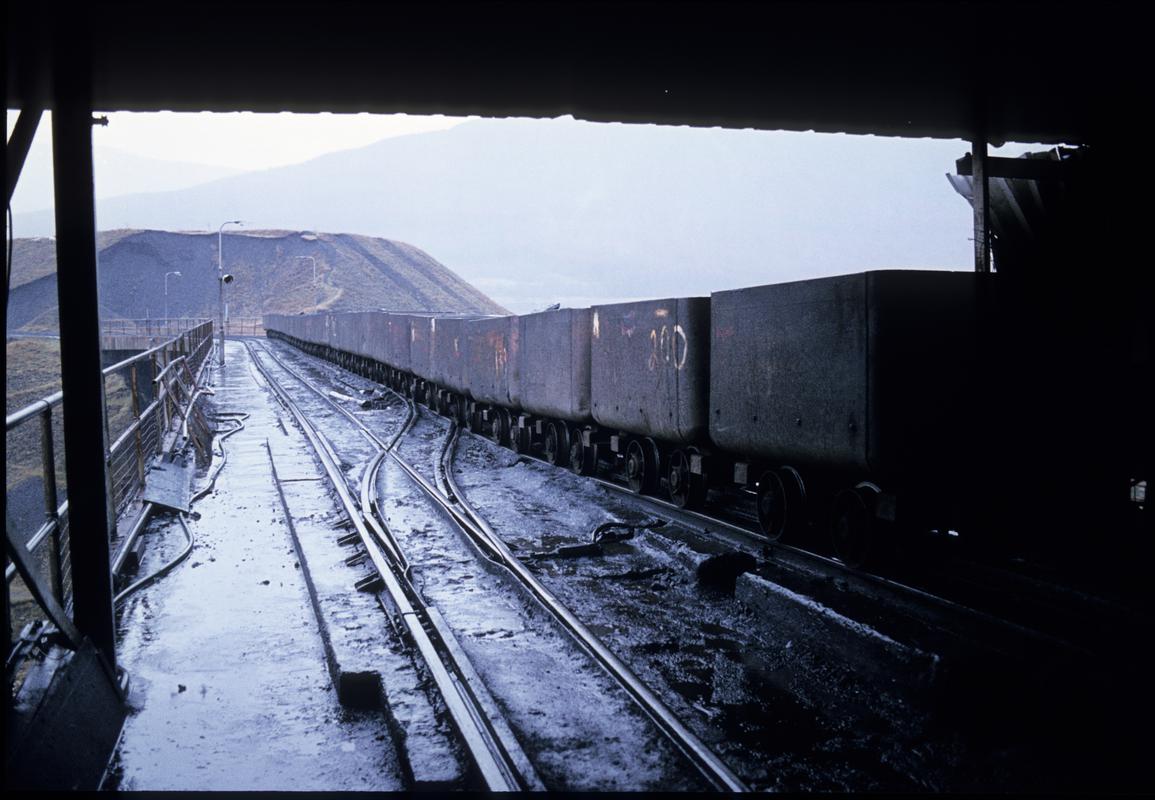 Colour film slide showing a row of drams at Blaengwrach Mine.