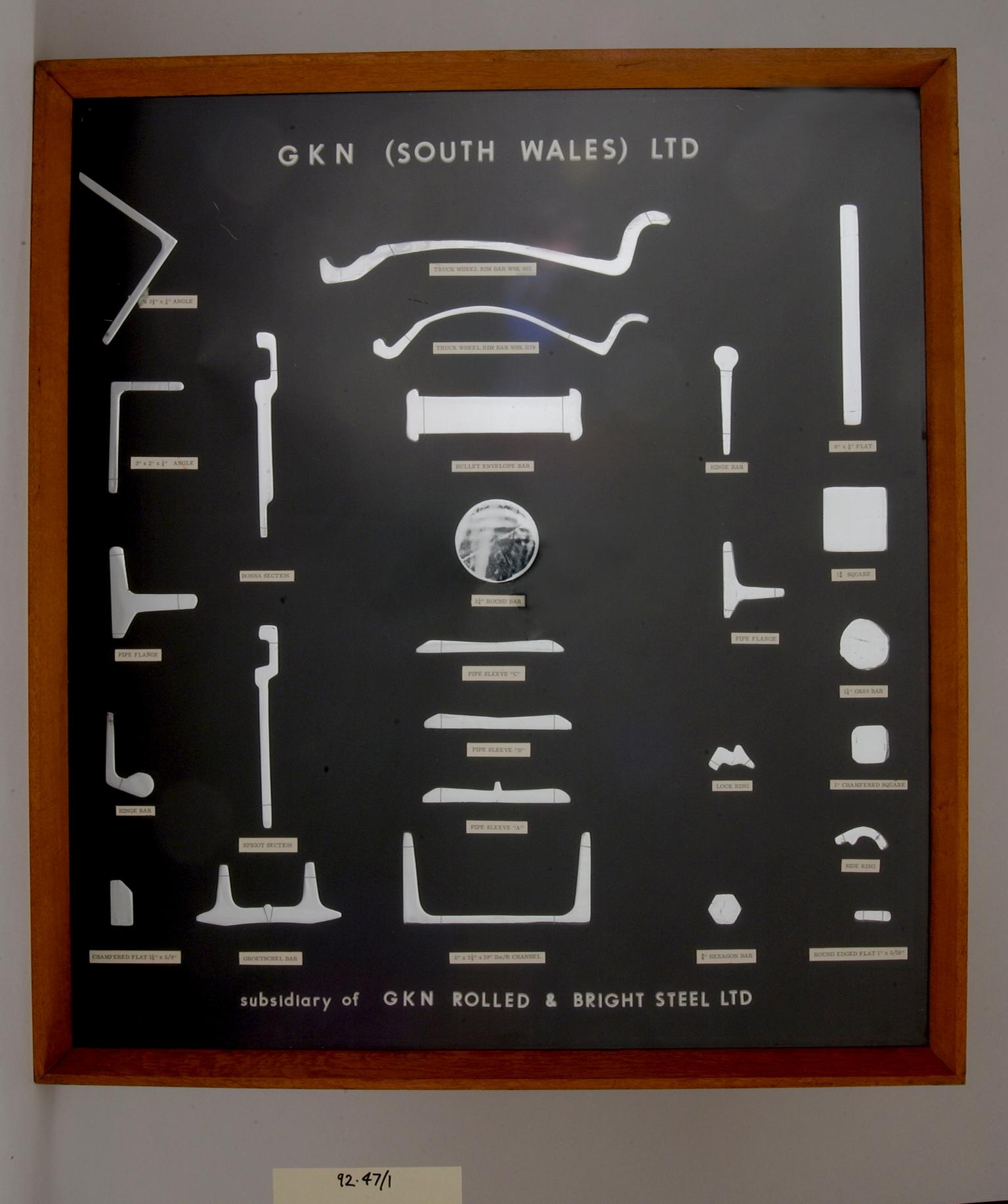 Rolled steel sections, mounted in display case