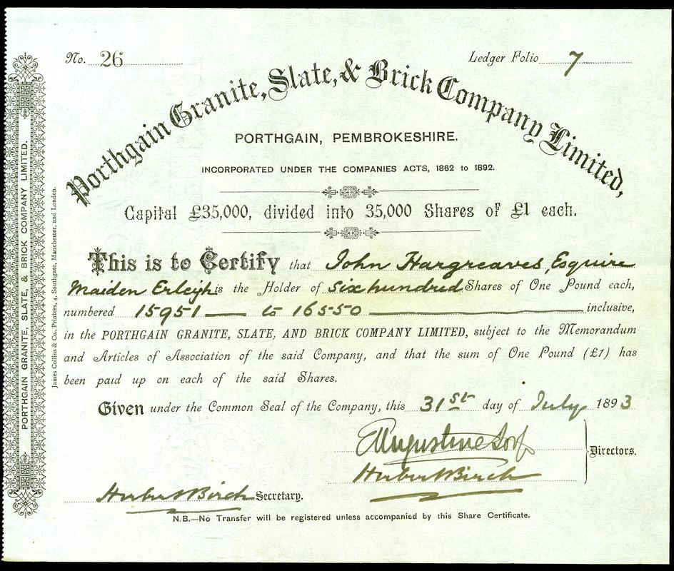Share Certificate "Porthgain granite, Slate & Brick Company Limited "