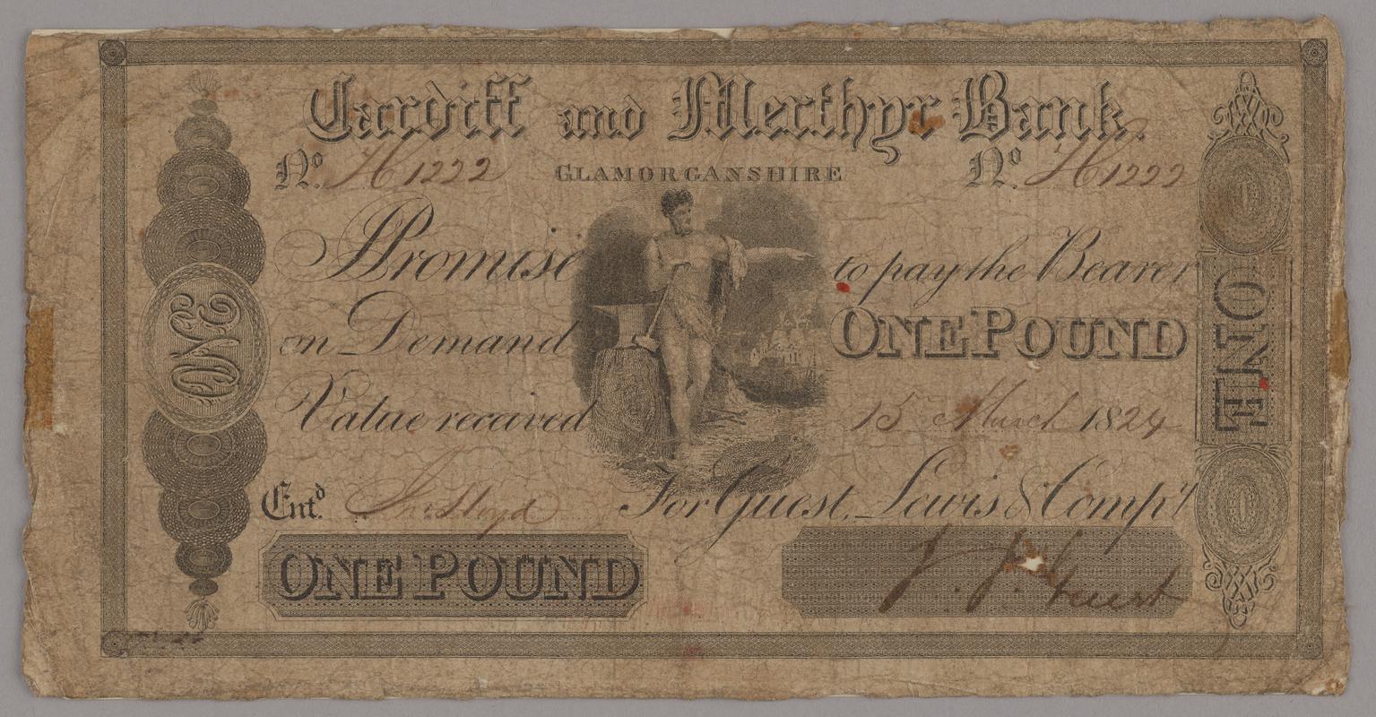 Cardiff & Merthyr Bank one pound bank note, 1824