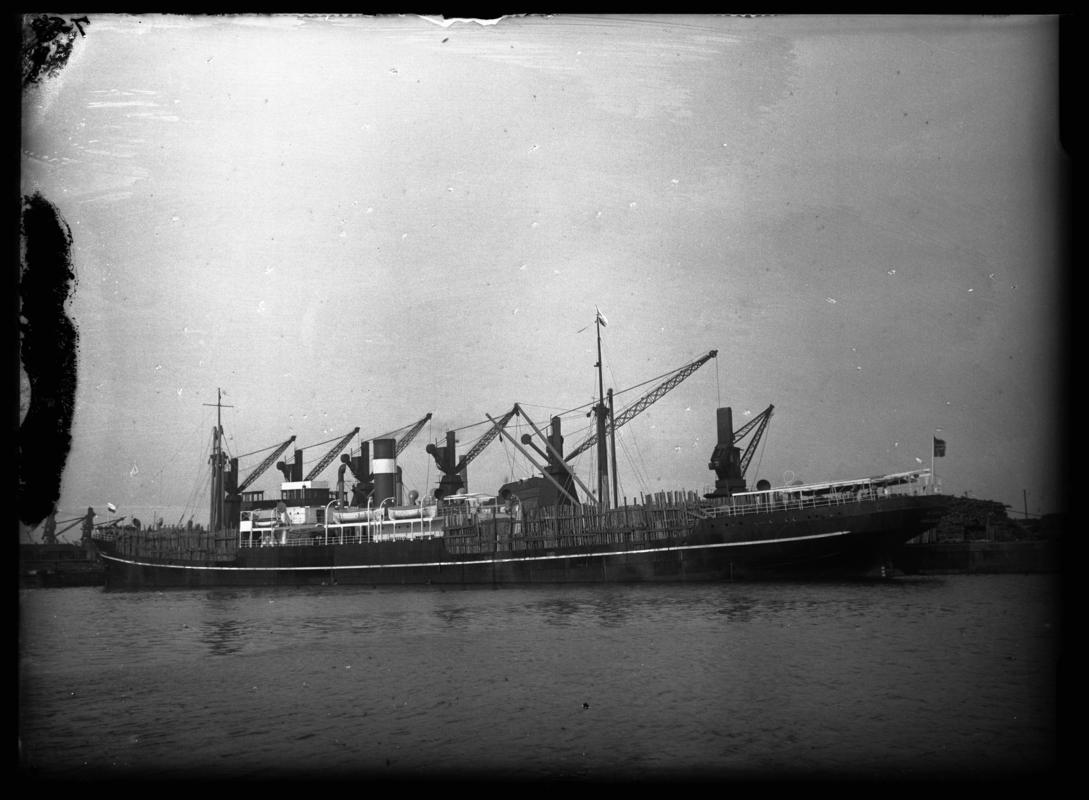 Port broadside view of S.S. ALASKA at Cardiff Docks, c.1936.