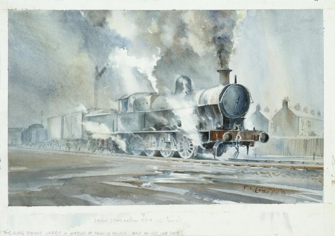Watercolour "Freight Train Headed by 0-8-0 Locomotive Number '49137' of the L.N.W.R. in North Wales" by B.R. Entwistle (1976).
