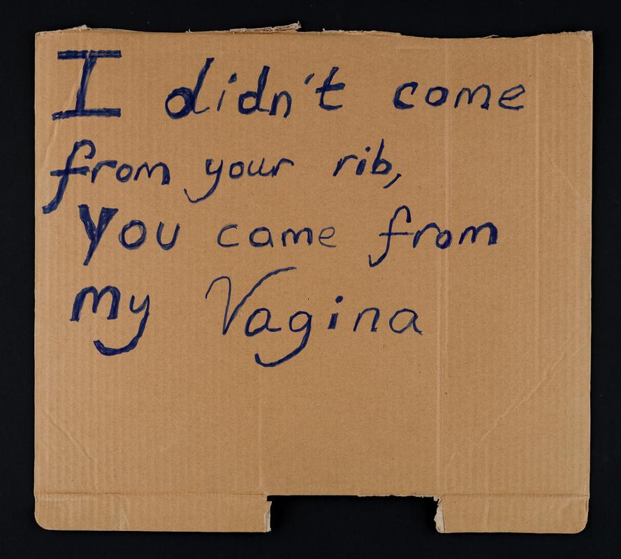 'I didn't come from your rib, you came from my Vagina' handwritten placard used at the Women's March in Cardiff city centre on 21 January 2017.