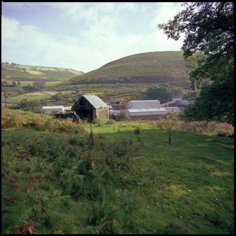 Colour film negative showing a view towards Trelewis Drift Mine.  'Trelewis' is transcribed from original negative bag.