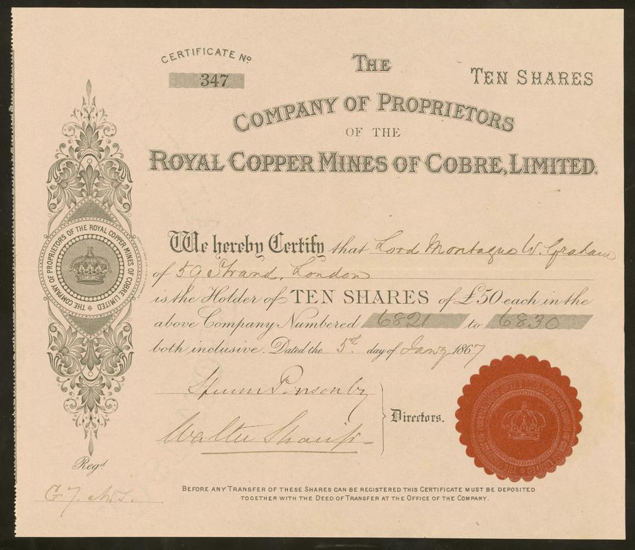 The Company Proprietors of the Royal Copper Mines of Cobre, Limited, £50 shares