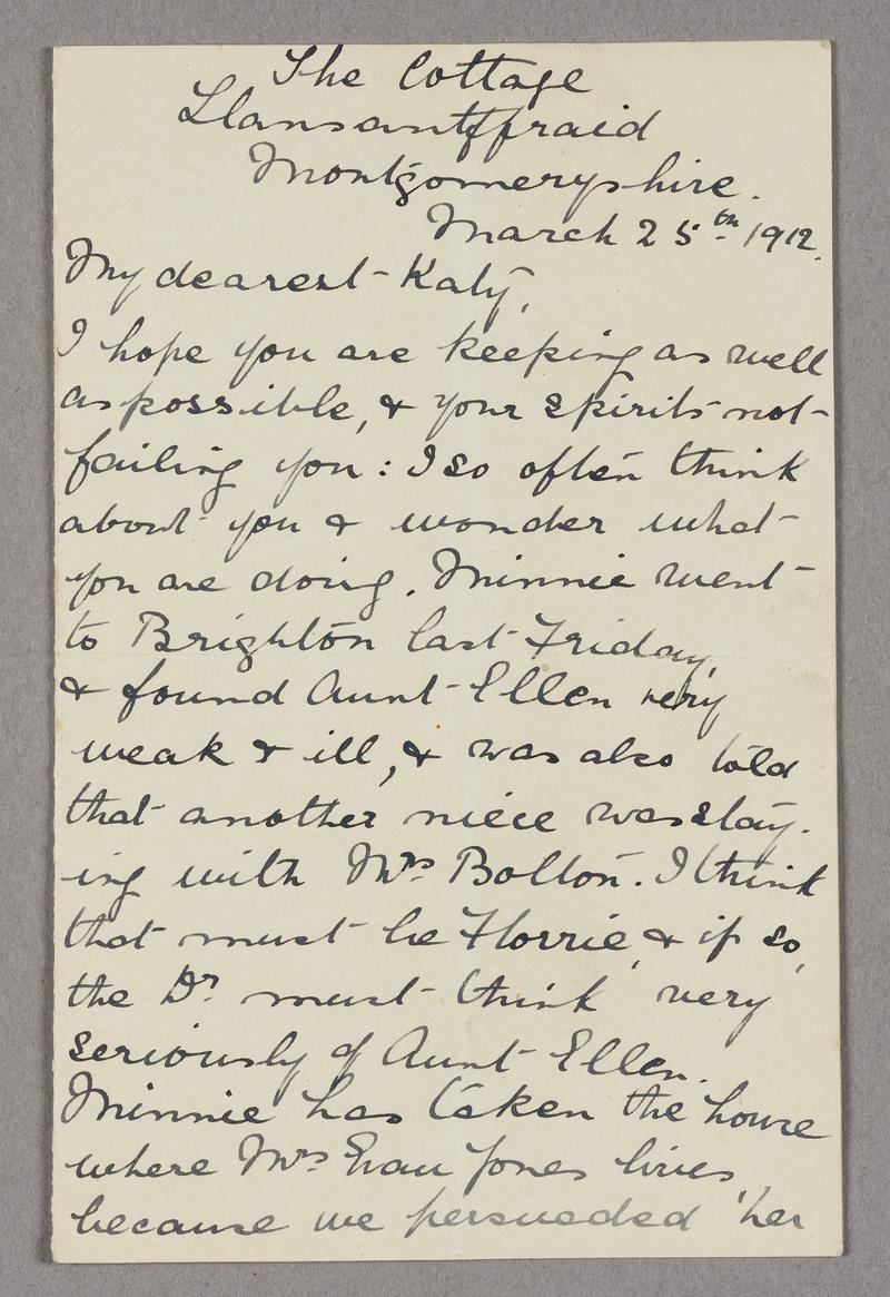 Letter written to Kate Williams Evans during her imprisonment by her sister Margaret, 25 March 1912