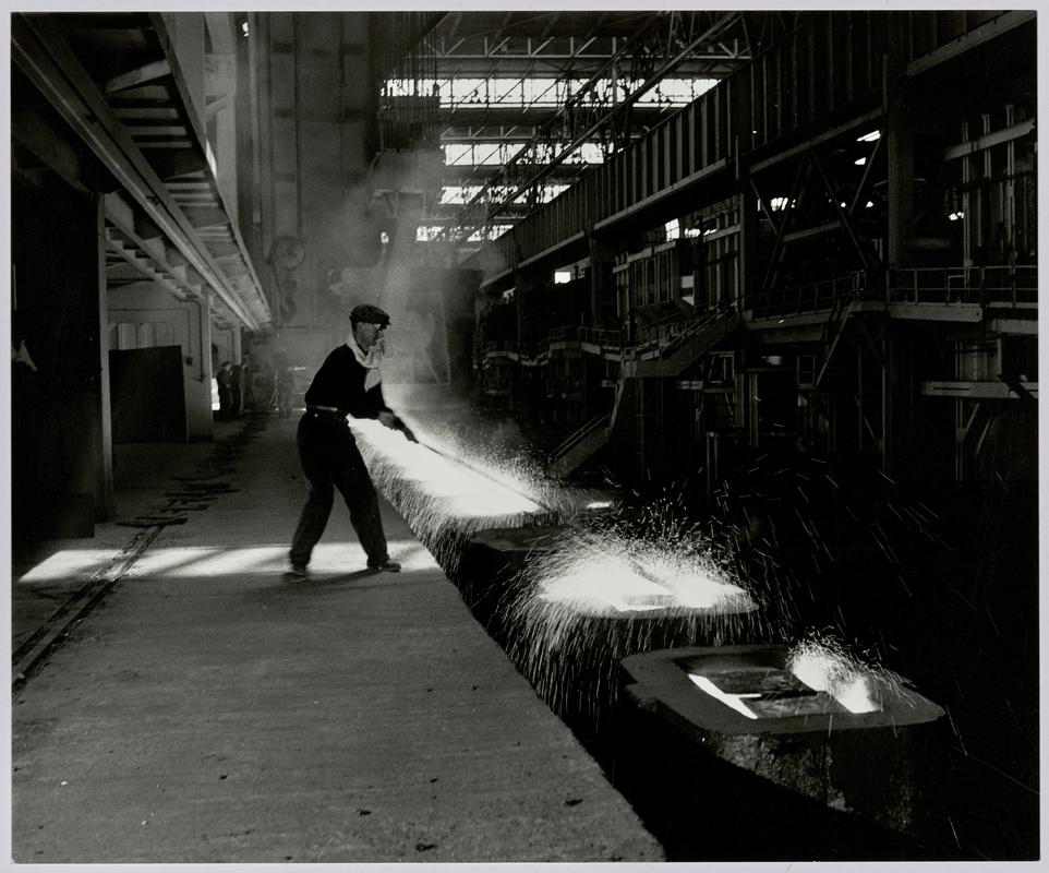 "Port Talbot, Abbery Works, September 1951, South Wales" [ molten steel teeming into ingot moulds ] - Photograph of steelworks and South Wales