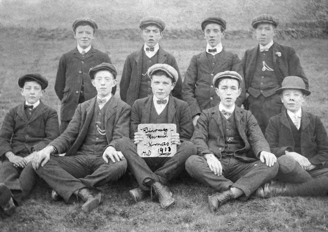 Young men & boys smartly dressed, Dinorwig, Christmas 1908
