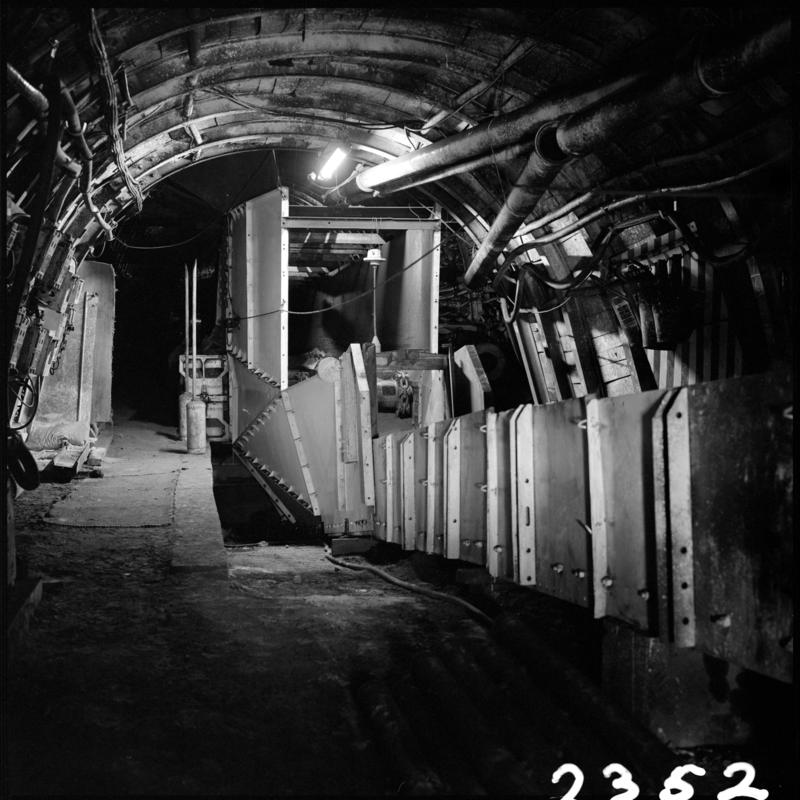 Black and white film negative showing an underground view, Merthyr Vale Colliery 2 July 1981.  '2 Jul 1981' is transcribed from original negative bag.