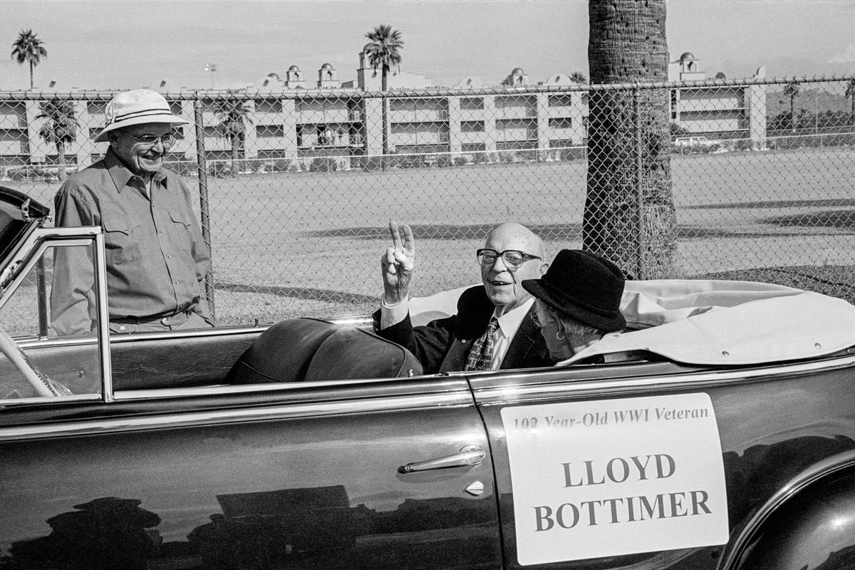 USA. ARIZONA. Veterans Day Parade.  Central Phoenix, Arizona. A celebration to honour the nation's veterans. Veterans Day Parade. Lloyd Bottimer aged 102. 1997.